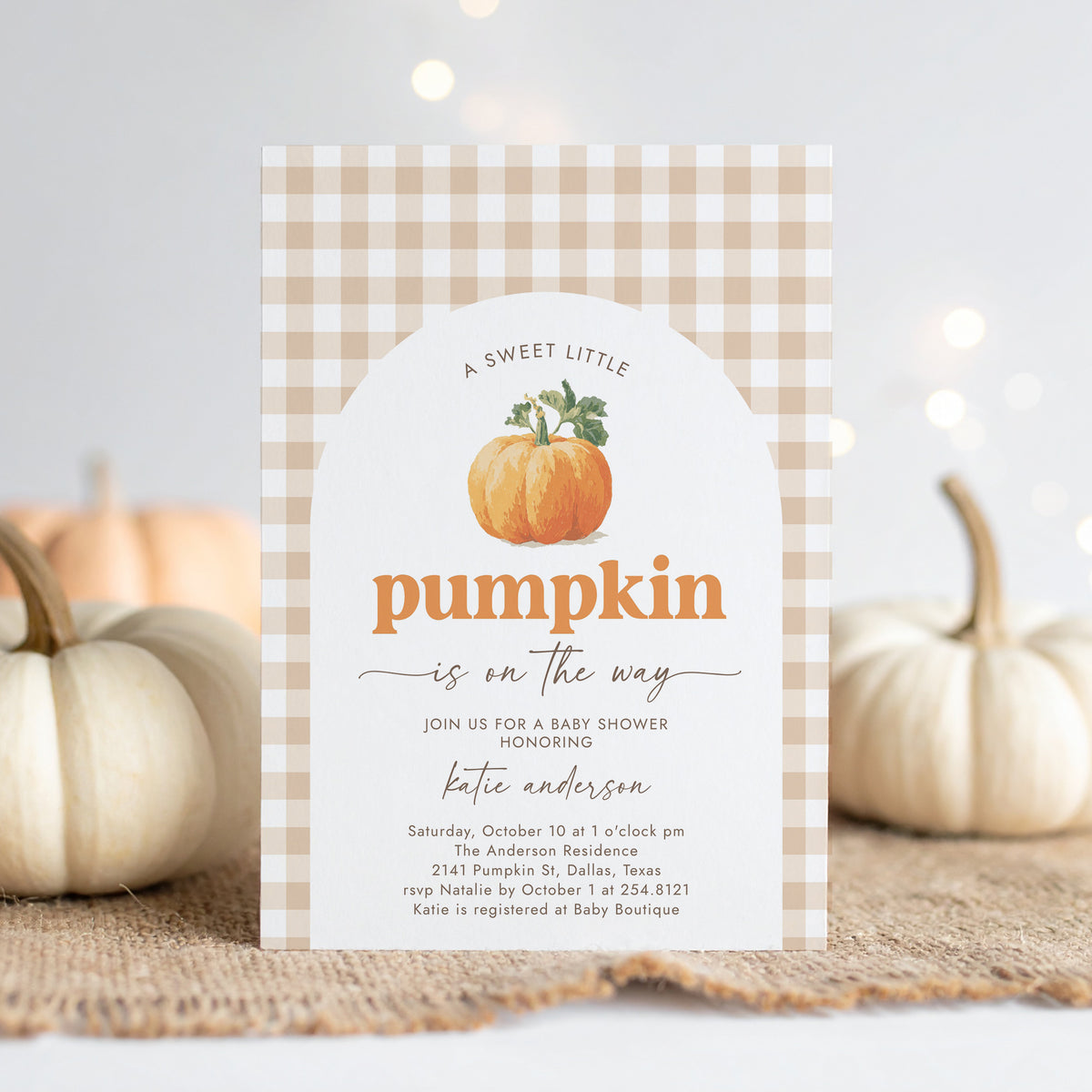 Neutral Gingham Pumpkin Baby Shower Invitation