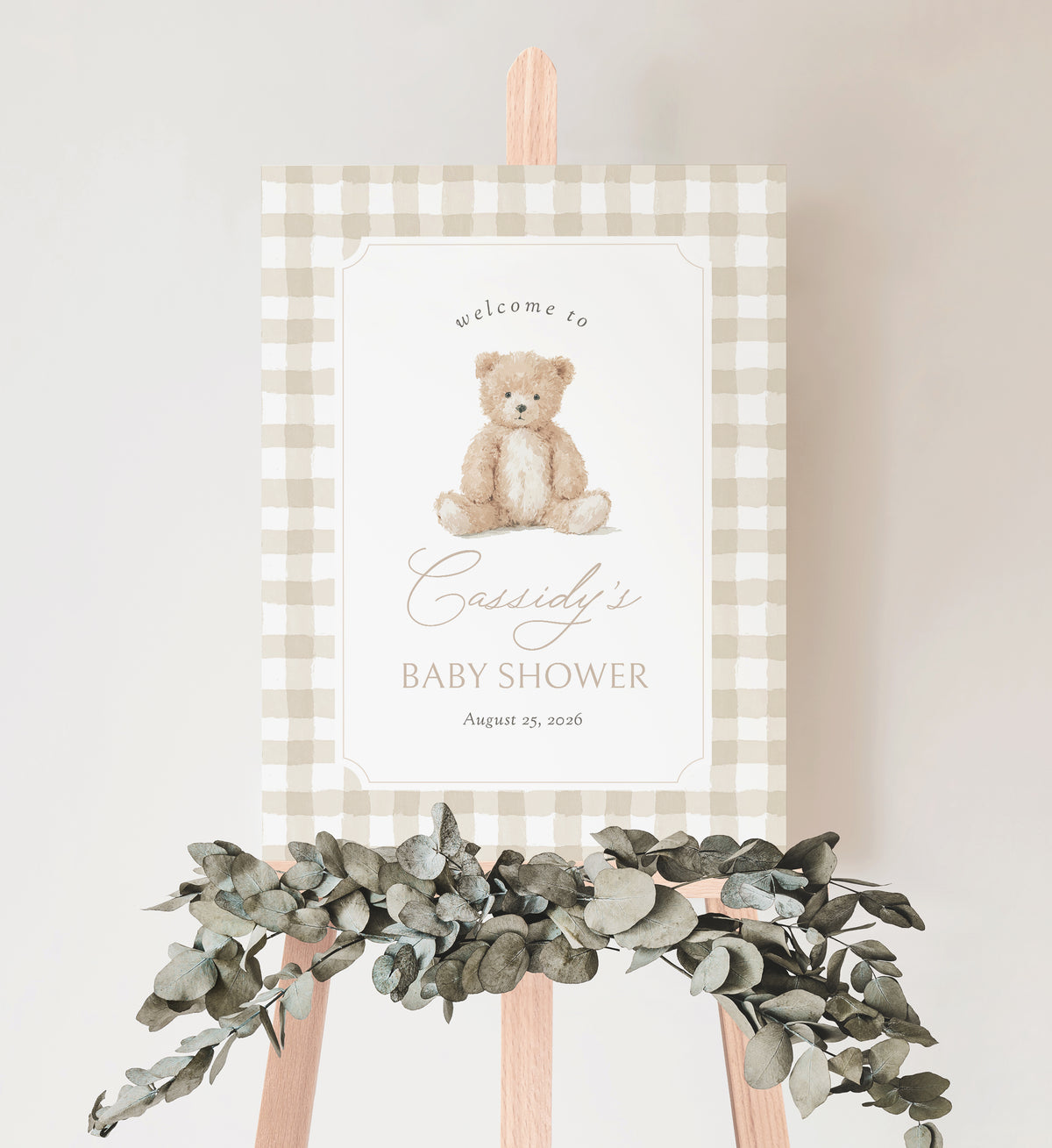 Neutral Gingham Teddy Bear Baby Shower Welcome Sign
