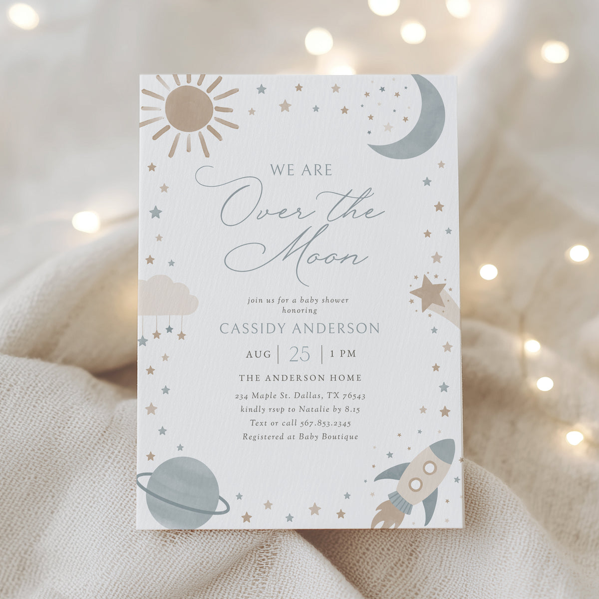 Blue Outer Space Baby Shower Invitation