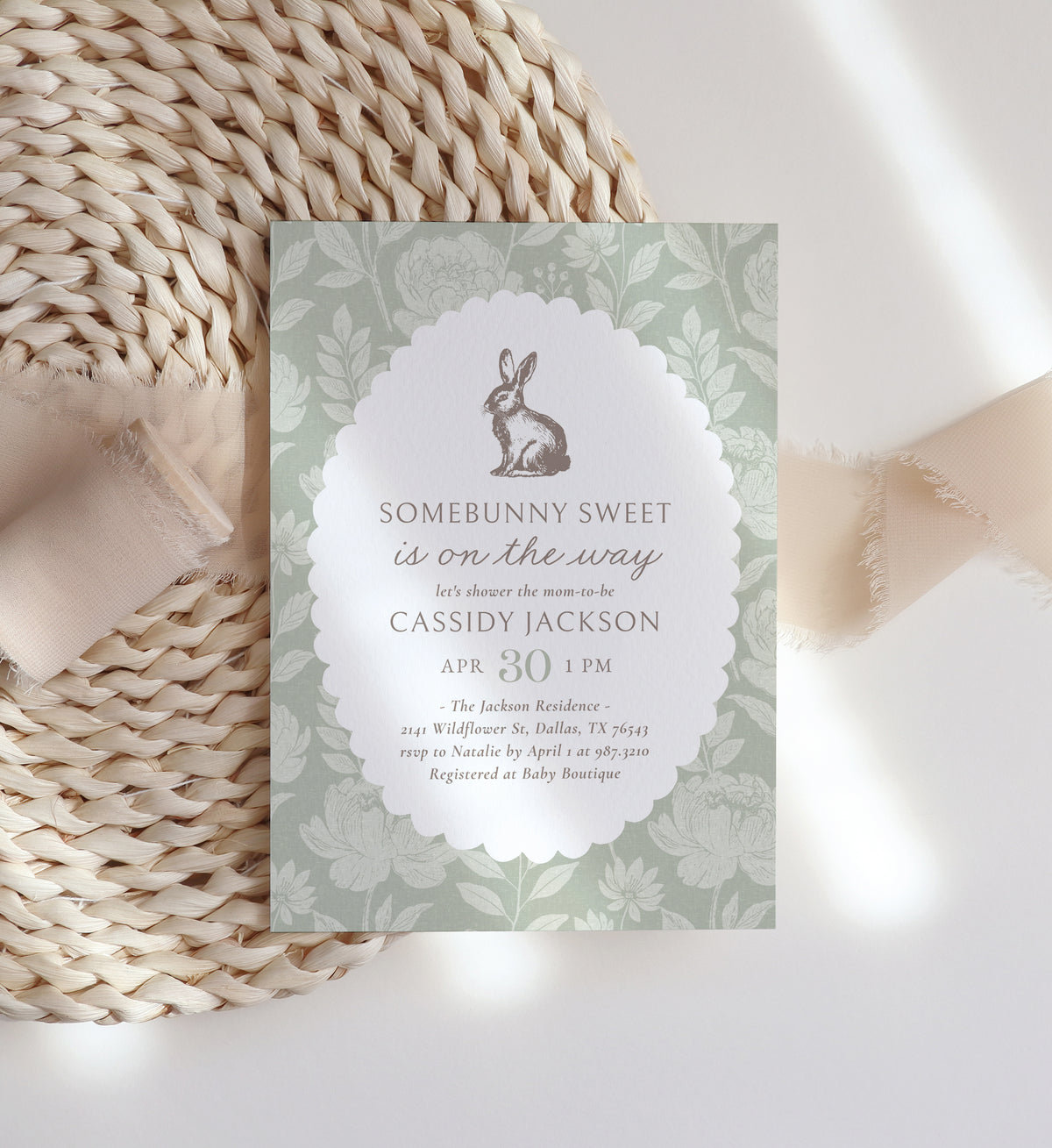 Sage Green Floral Bunny Baby Shower Invitation