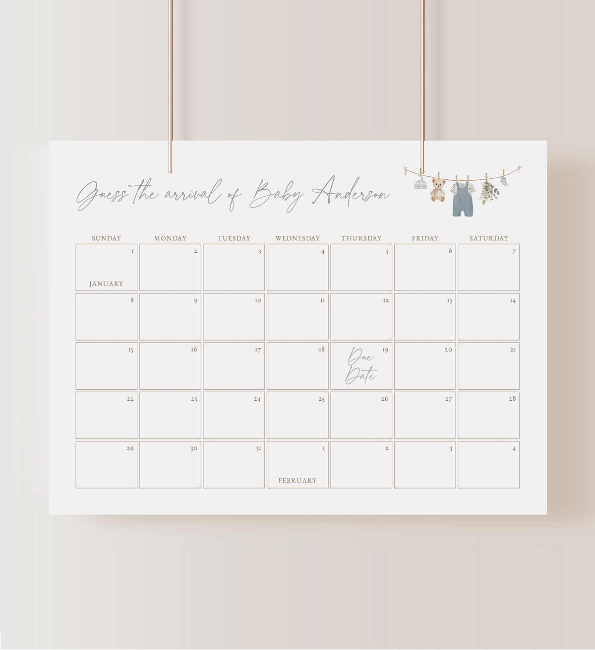 Blue Overalls Clothesline Baby Shower Due Date Calendar