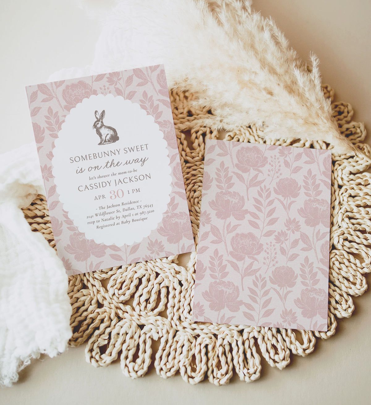 Pink Floral Bunny Baby Shower Invitation