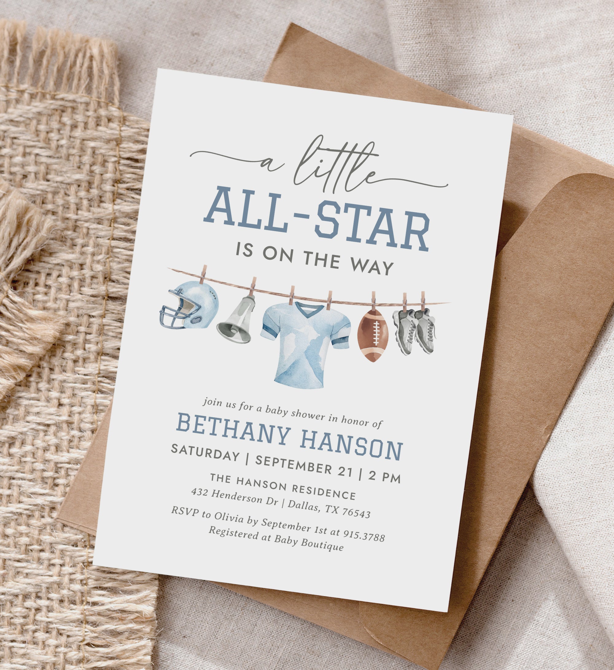 Editable Football Clothesline Baby Shower Invitation Template