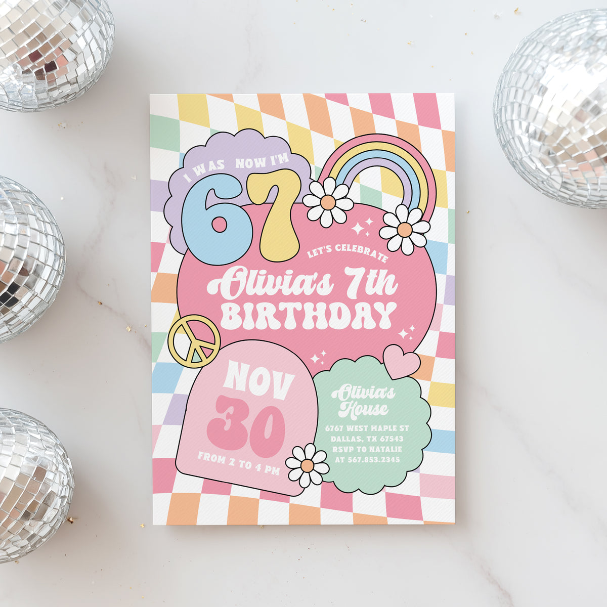 Retro Rainbow 67 Birthday Invitation