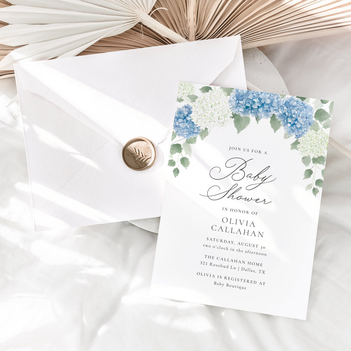 Blue Hydrangea Baby Shower Invitation