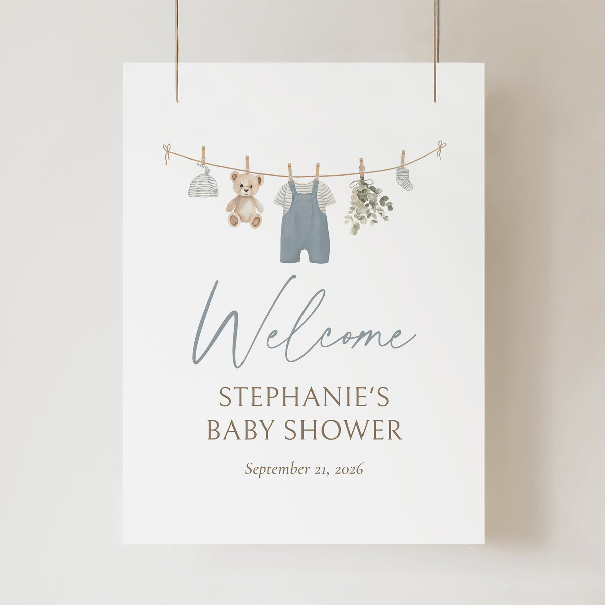 Blue Overalls Clothesline Baby Shower Welcome Sign