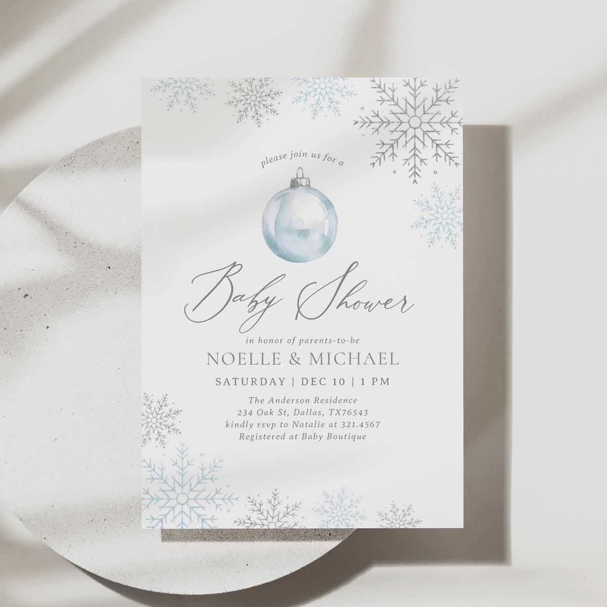 Blue Ornament Baby Shower Invitation
