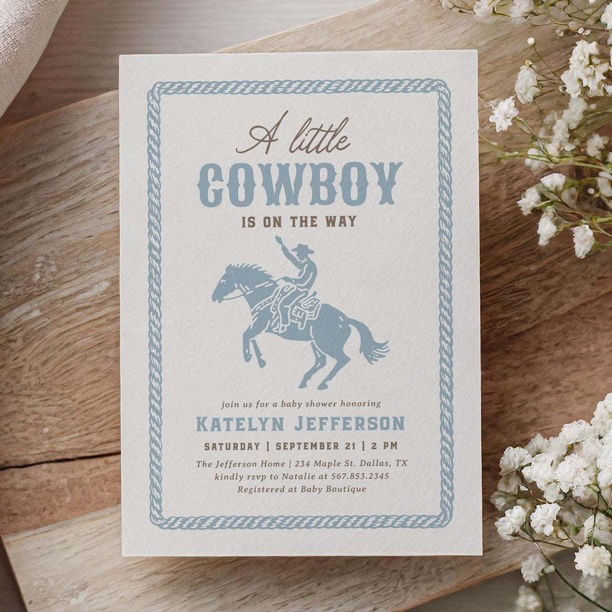 Blue Cowboy Baby Shower Invitation