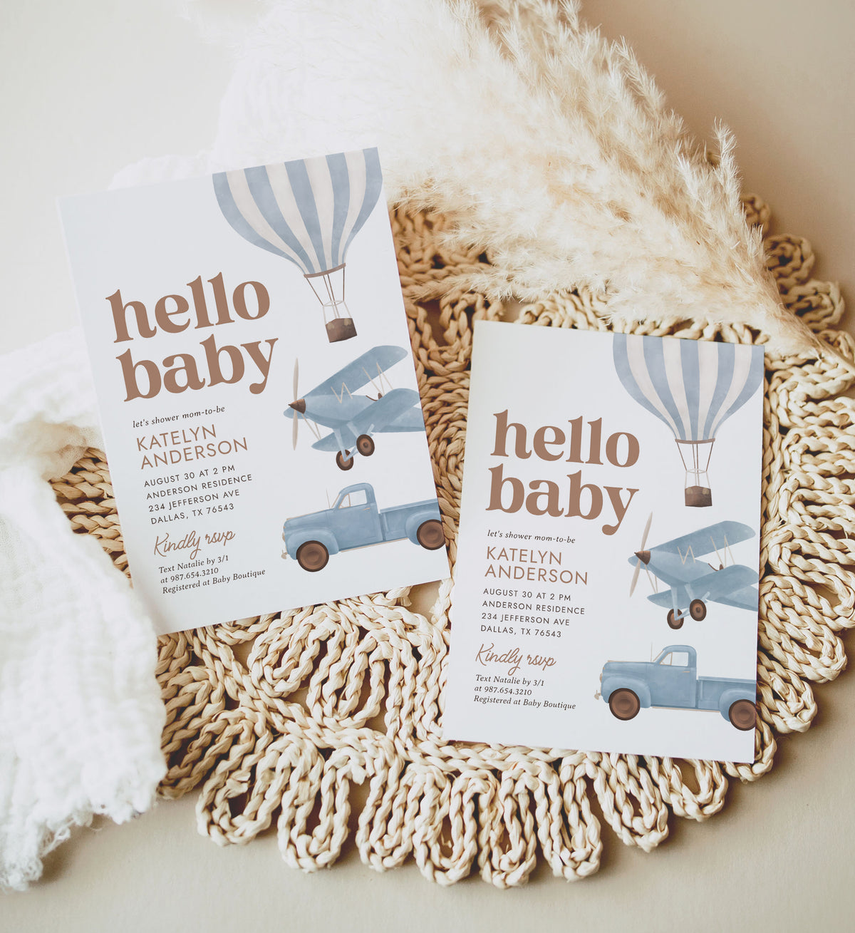 Blue Travel Baby Shower Invitation (Balloon, Plane, Truck)