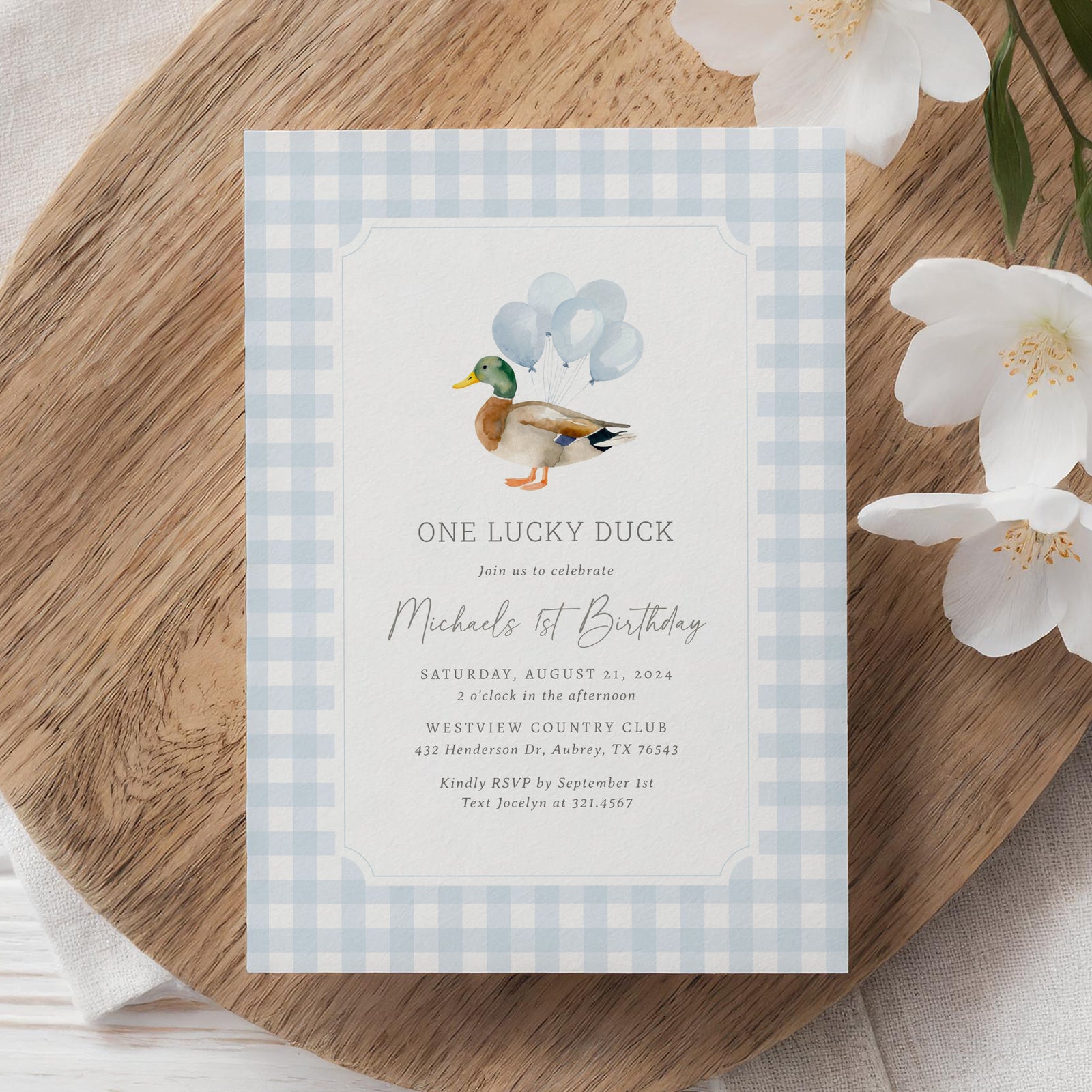 Blue Gingham Duck Birthday Invitation