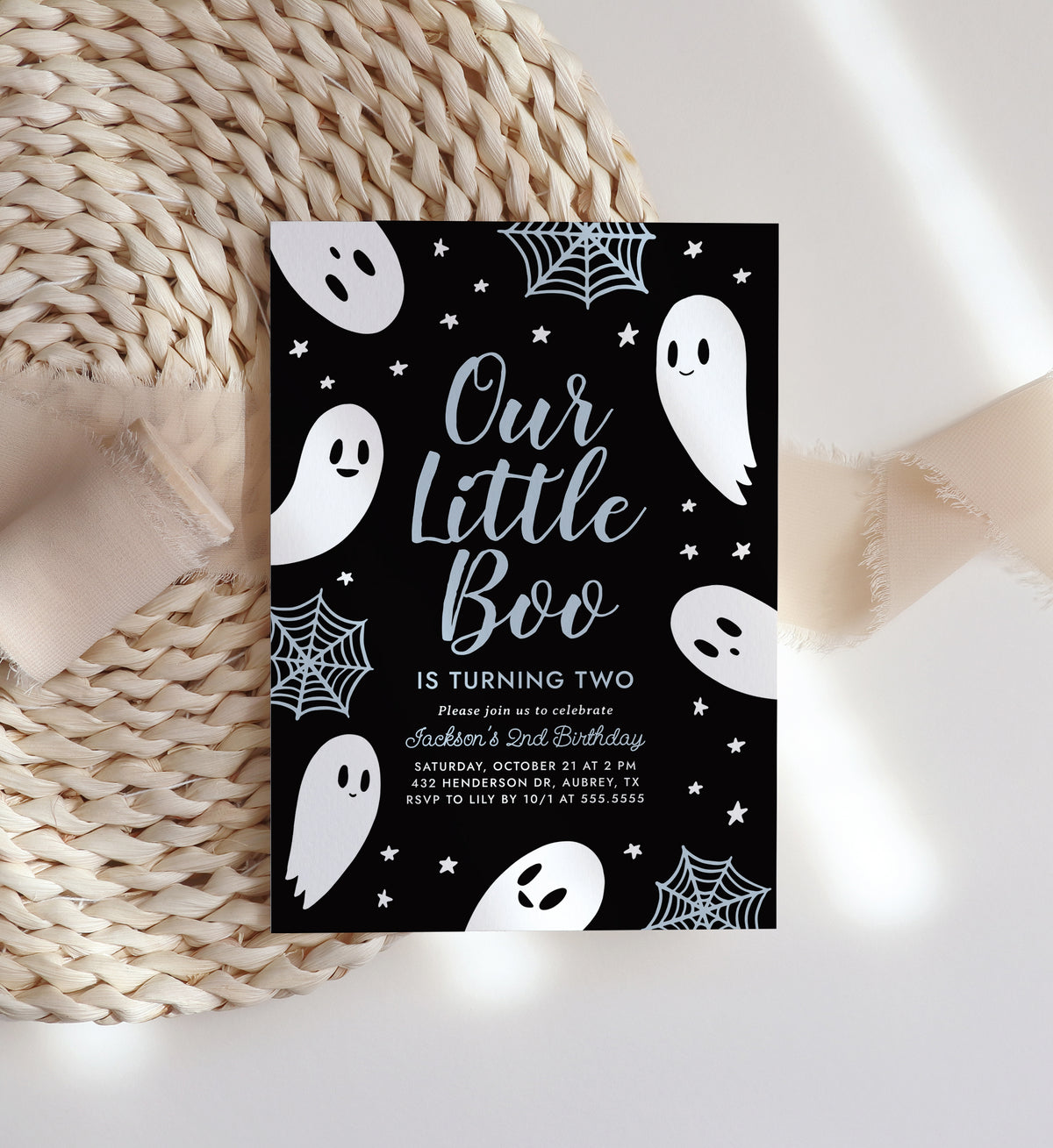 Little Boo Birthday Party Invitation Template (Black &amp; Blue)