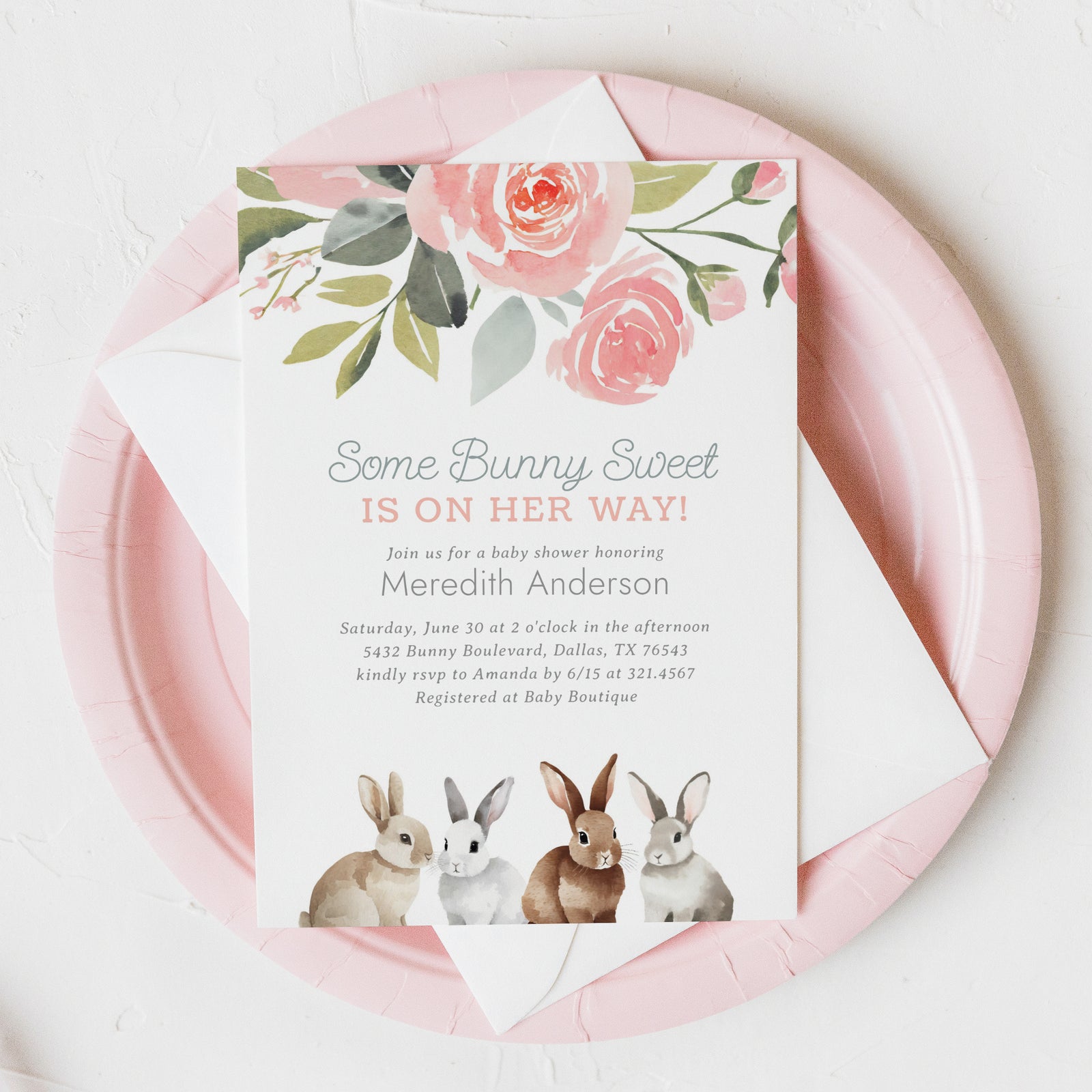 Floral Bunny Baby Shower Invitation