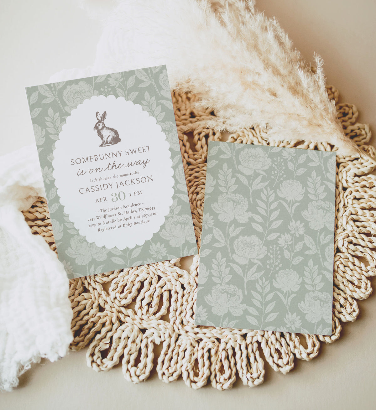 Sage Green Floral Bunny Baby Shower Invitation