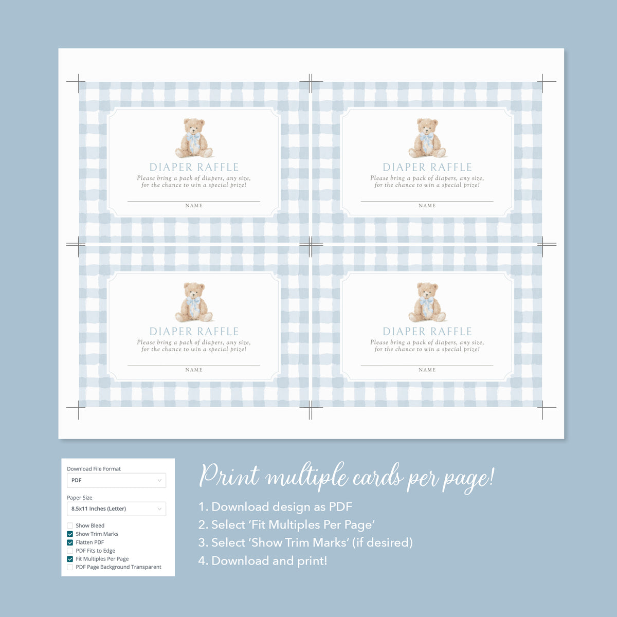 Blue Gingham Teddy Bear Diaper Raffle Ticket