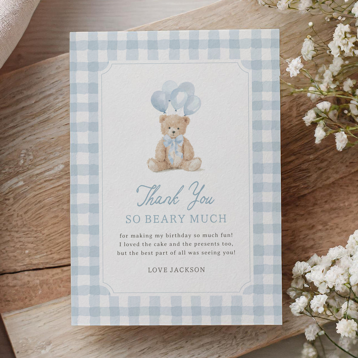 Blue Gingham Teddy Bear Birthday Flat Thank You Card