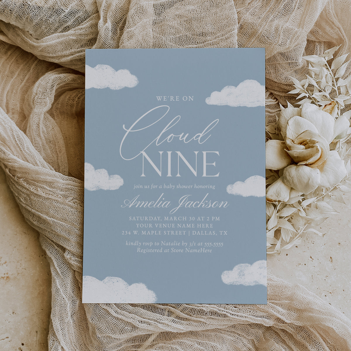 Editable Blue Cloud Nine Baby Shower Invitation Template