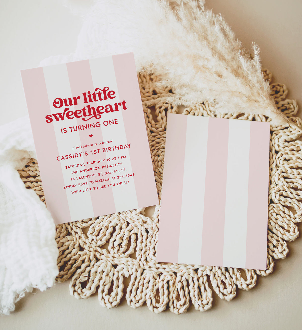 Little Sweetheart Pink Stripe Birthday Invitation