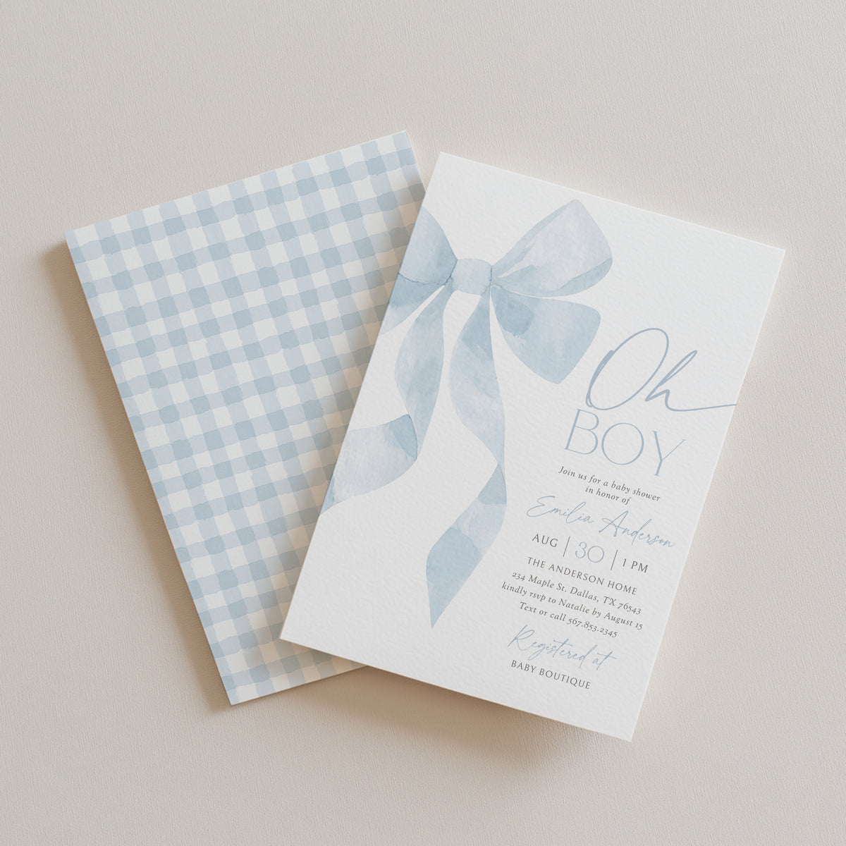 Blue Bow Baby Shower Invitation