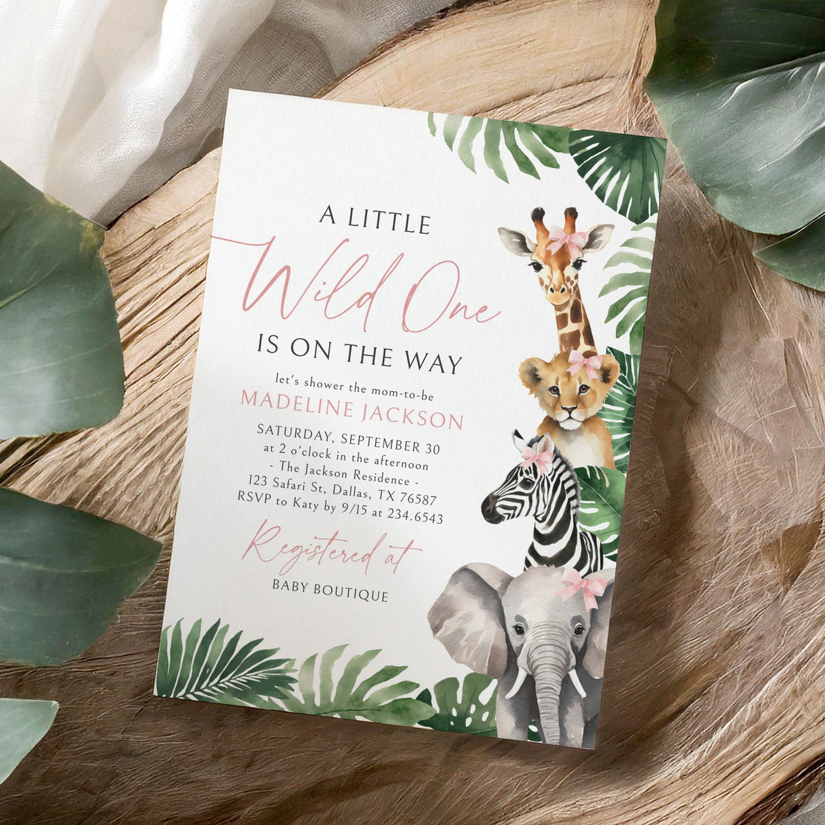 Pink Wild One Safari Baby Shower Invitation
