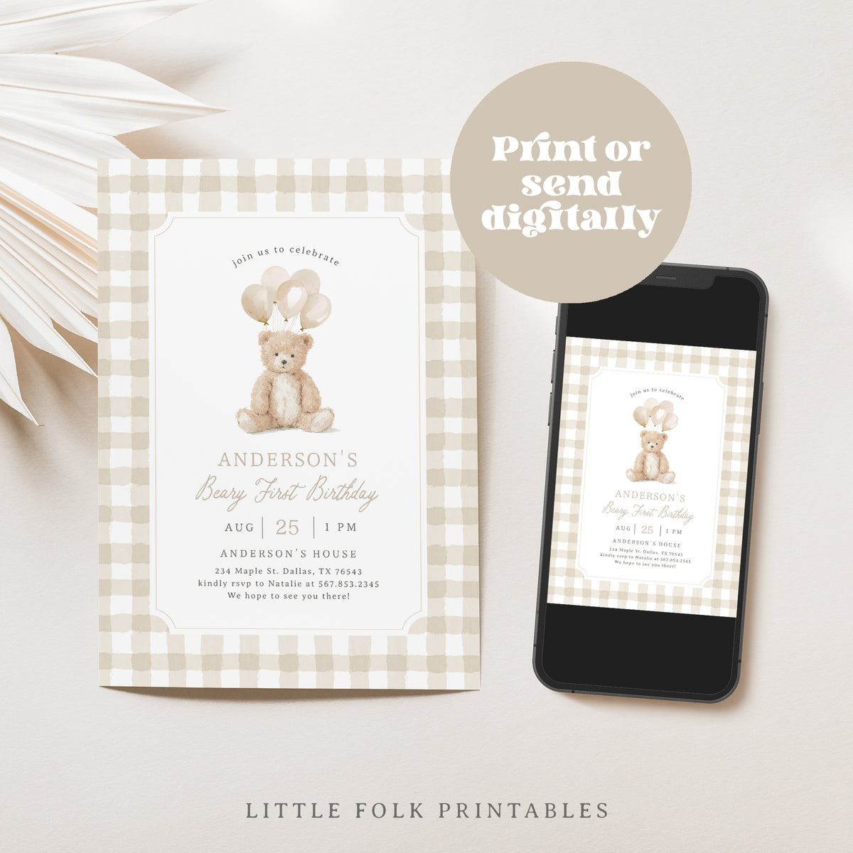 Neutral Gingham Teddy Bear Birthday Invitation