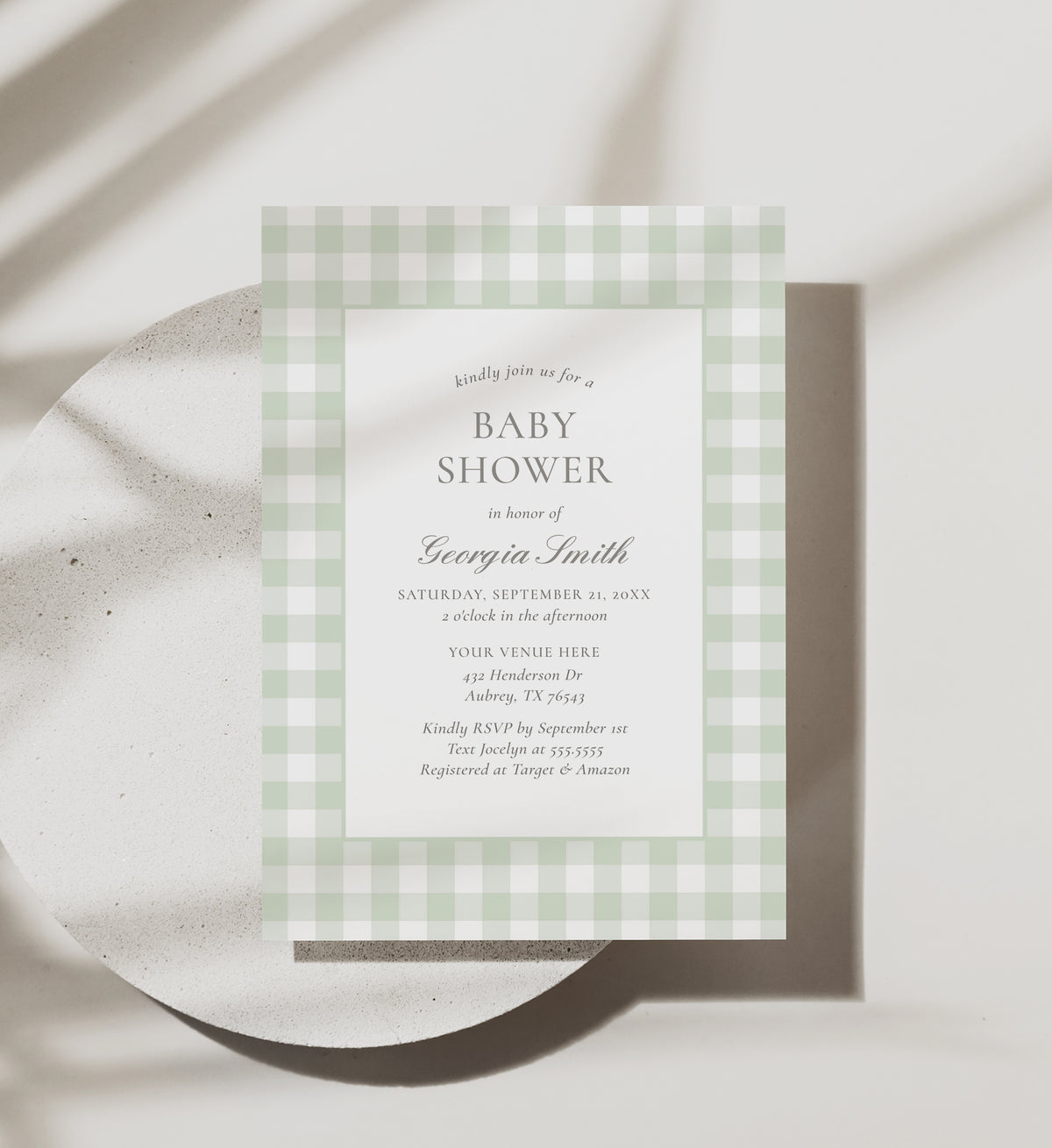 Editable Sage Green Gingham Baby Shower Invitation Template
