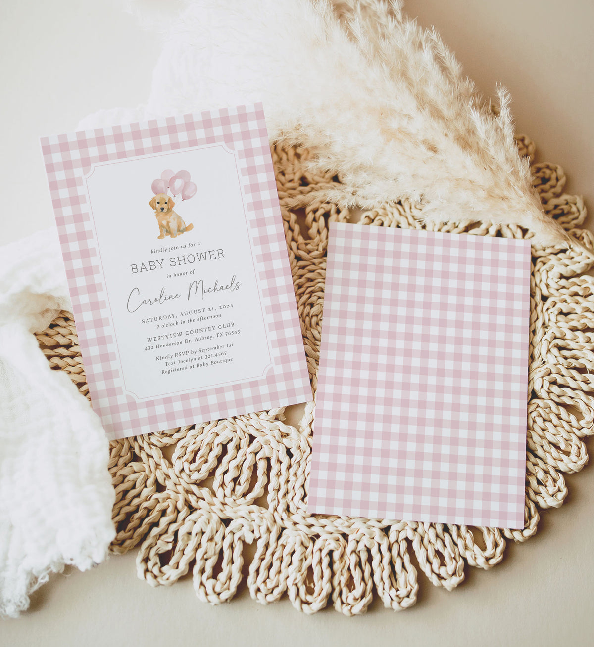 Pink Gingham Golden Retriever Baby Shower Invitation