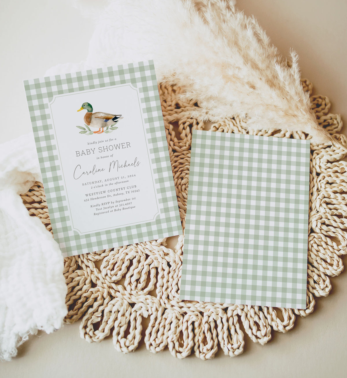 Sage Gingham Duck Baby Shower Invitation