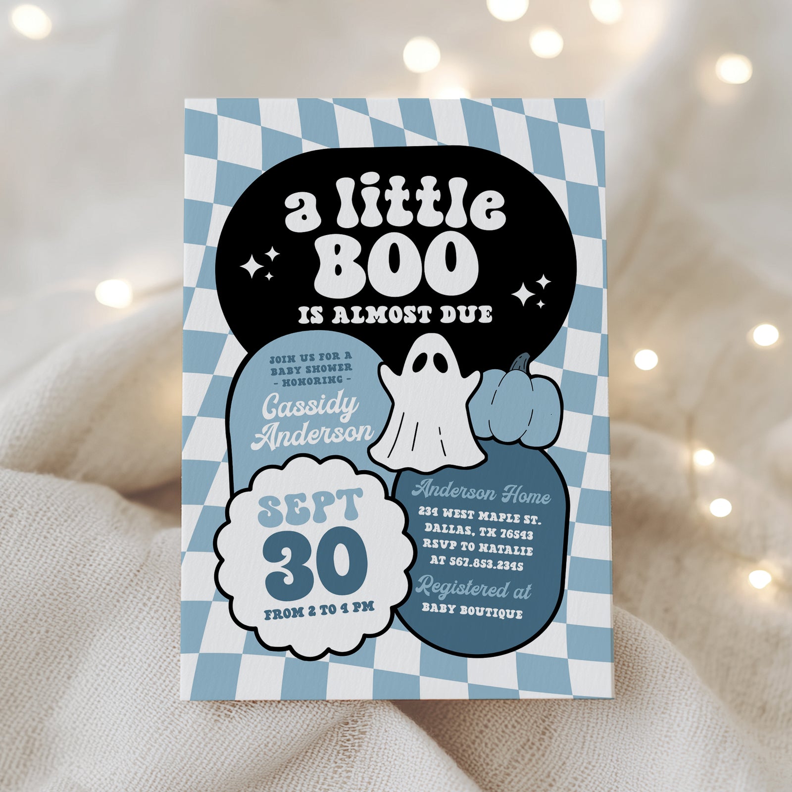 Blue Checker Little Boo Baby Shower Invitation