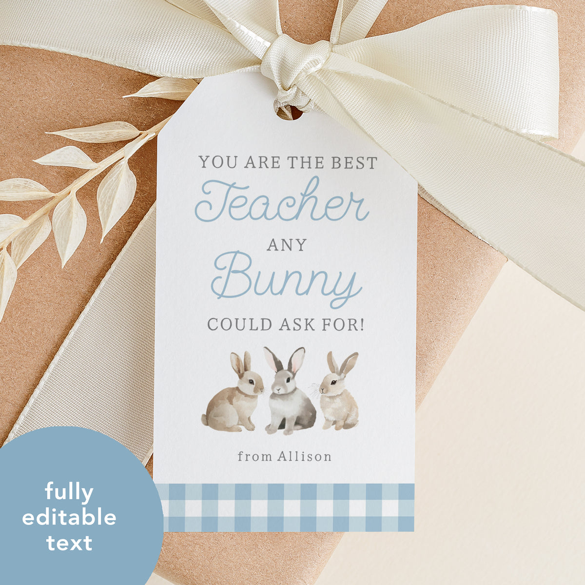 Blue Gingham Best Teacher Easter Tag Template