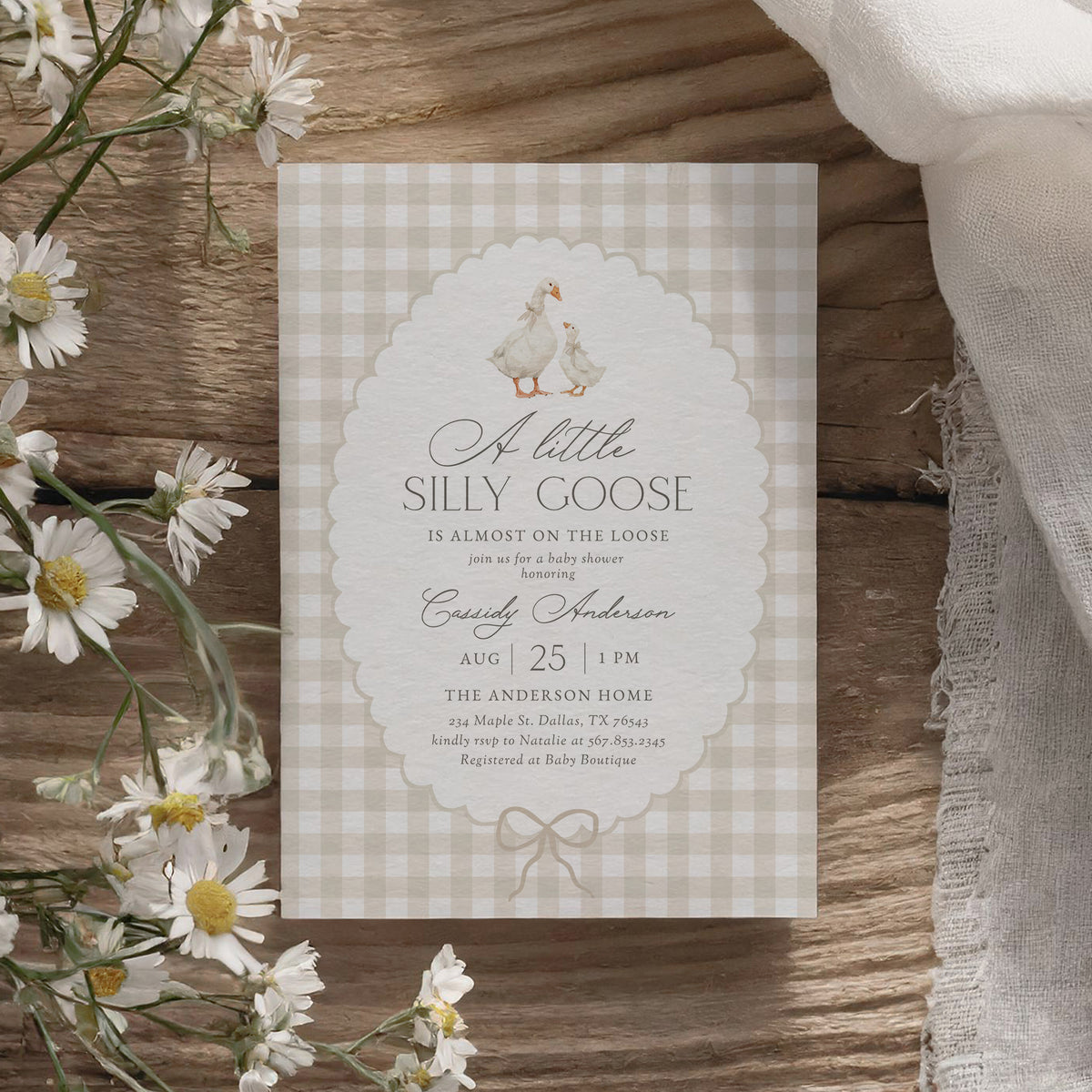 Neutral Gingham Goose Baby Shower Invitation