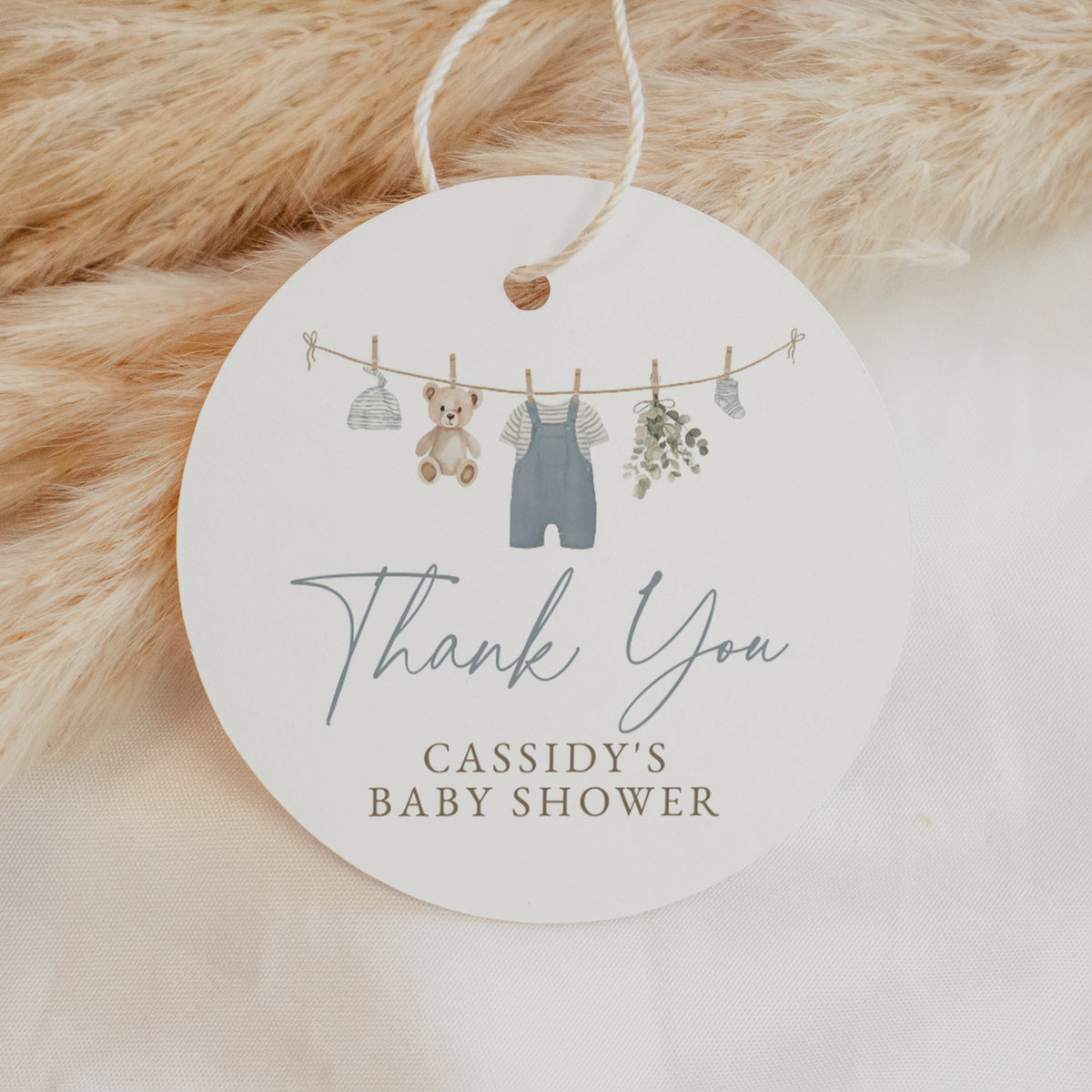 Blue Overalls Clothesline Baby Shower Round Tag