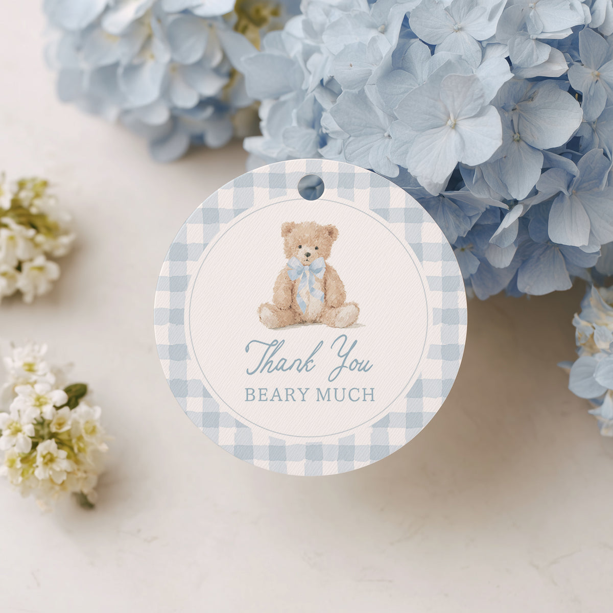 Blue Gingham Teddy Bear Round Tag