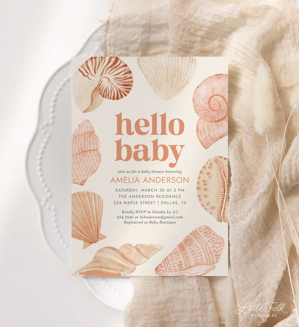 Hello Baby Sea Shell Baby Shower Invitation - Little Folk Printables