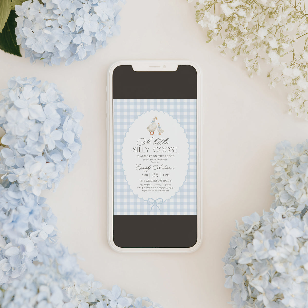 Blue Gingham Goose Baby Shower Invitation