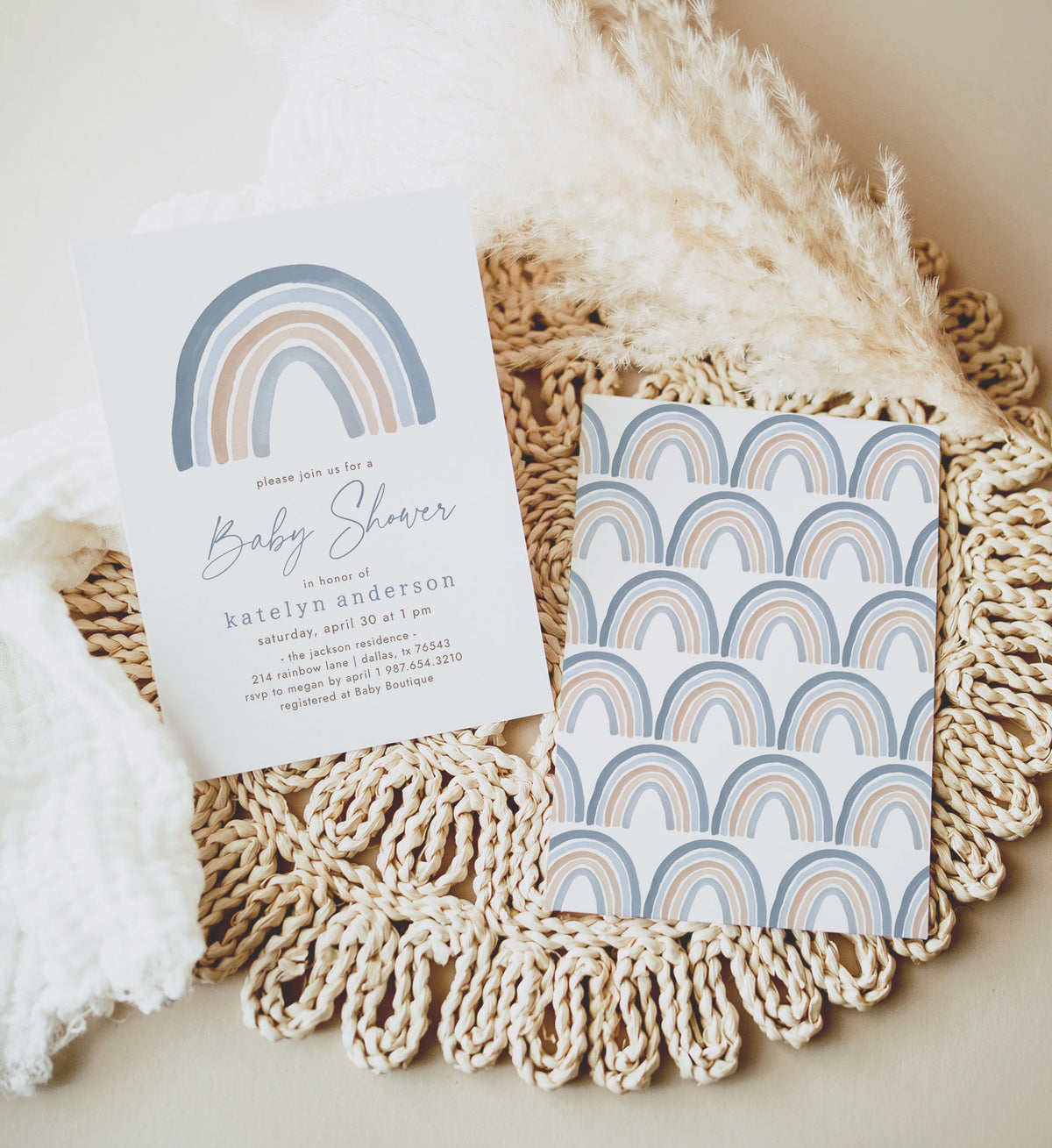 Blue Watercolor Rainbow Baby Shower Invitation