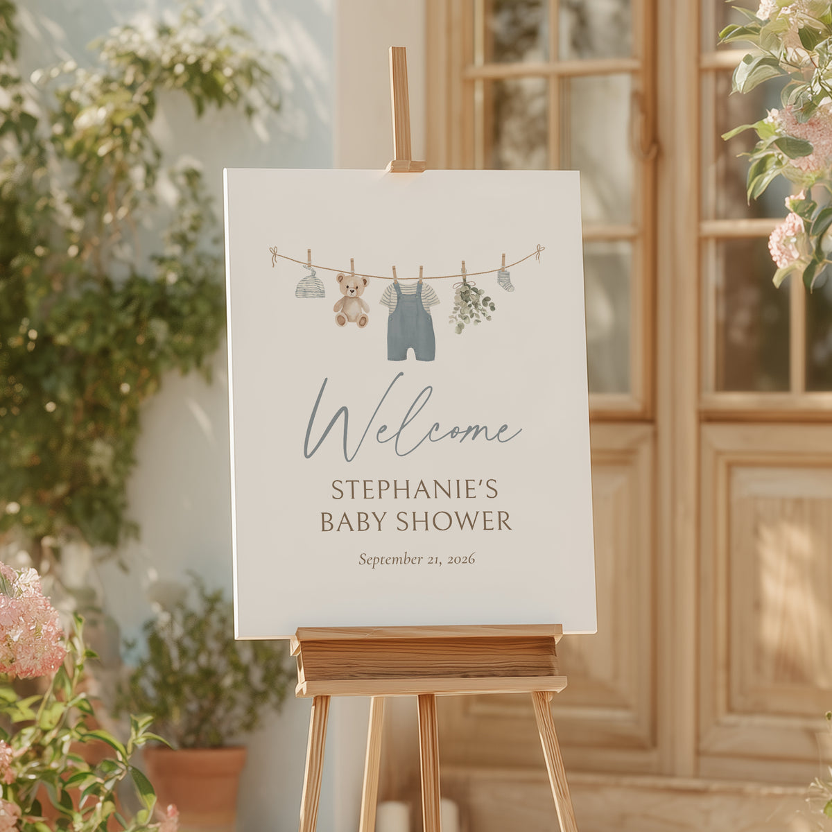 Blue Overalls Clothesline Baby Shower Welcome Sign
