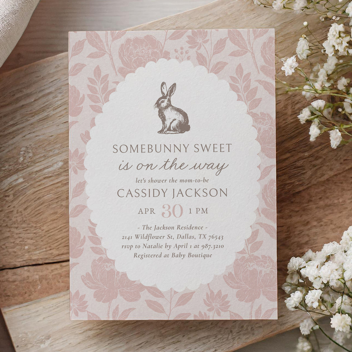 Pink Floral Bunny Baby Shower Invitation
