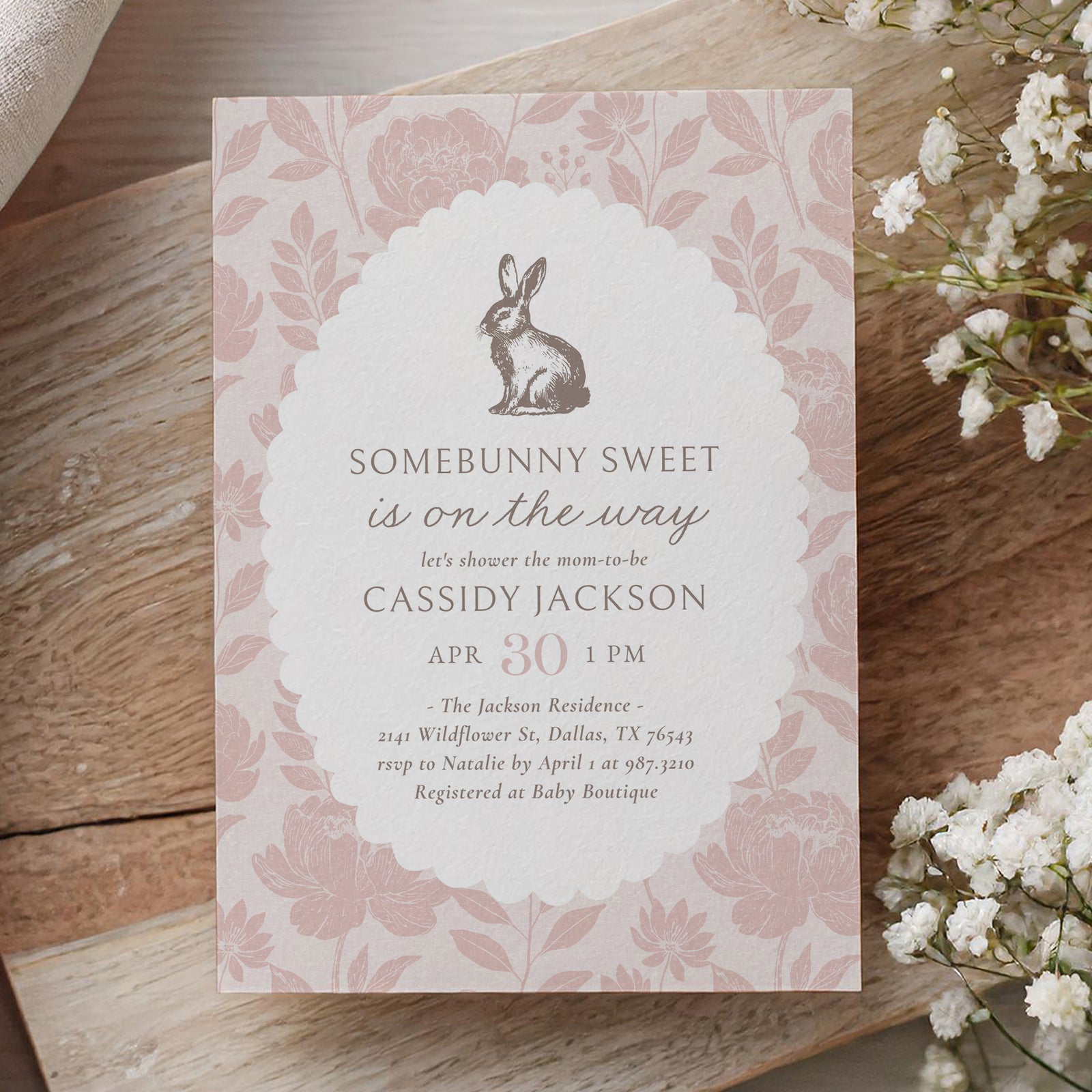 Pink Floral Bunny Baby Shower Invitation