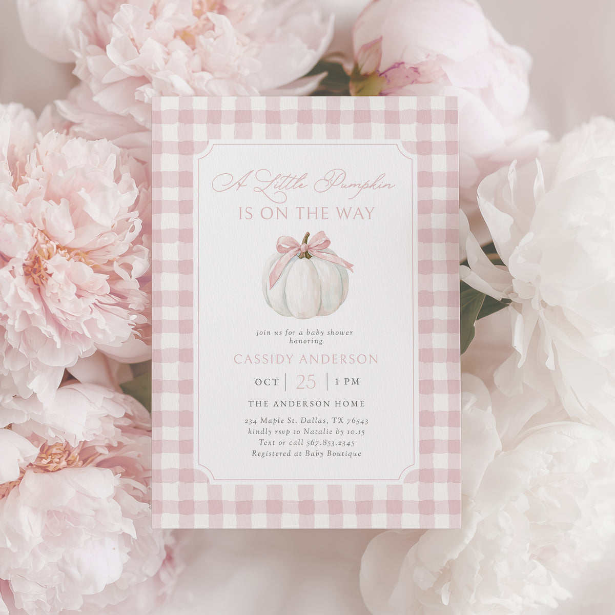Pink Gingham Pumpkin Baby Shower Invitation