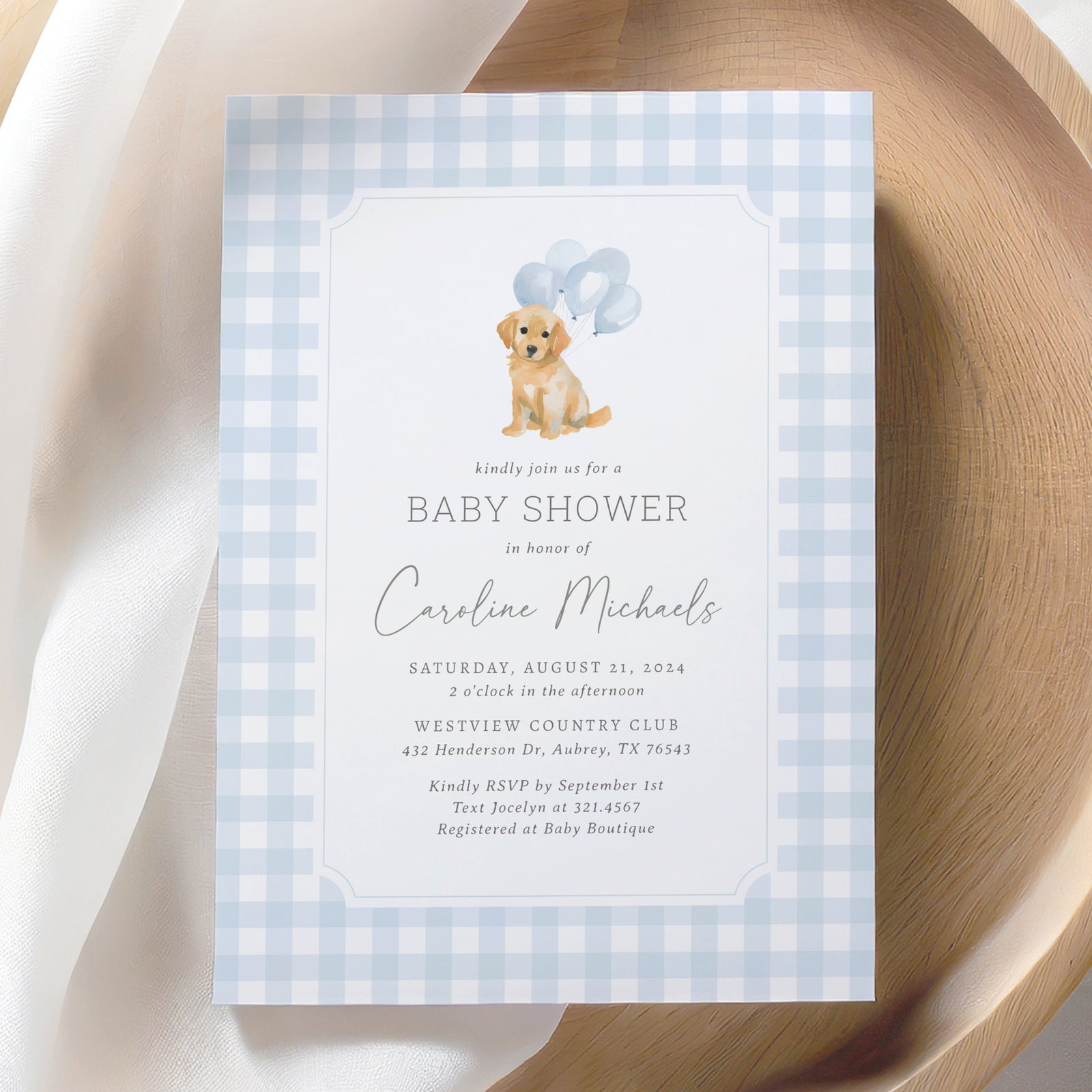 Blue Gingham Golden Retriever Baby Shower Invitation