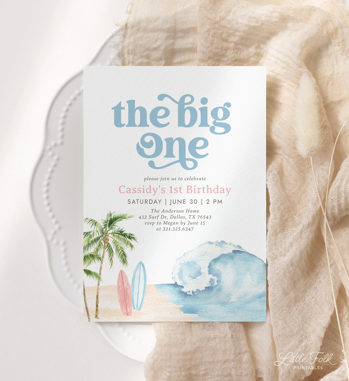 The Big One Pink Surf Birthday Invitation Template