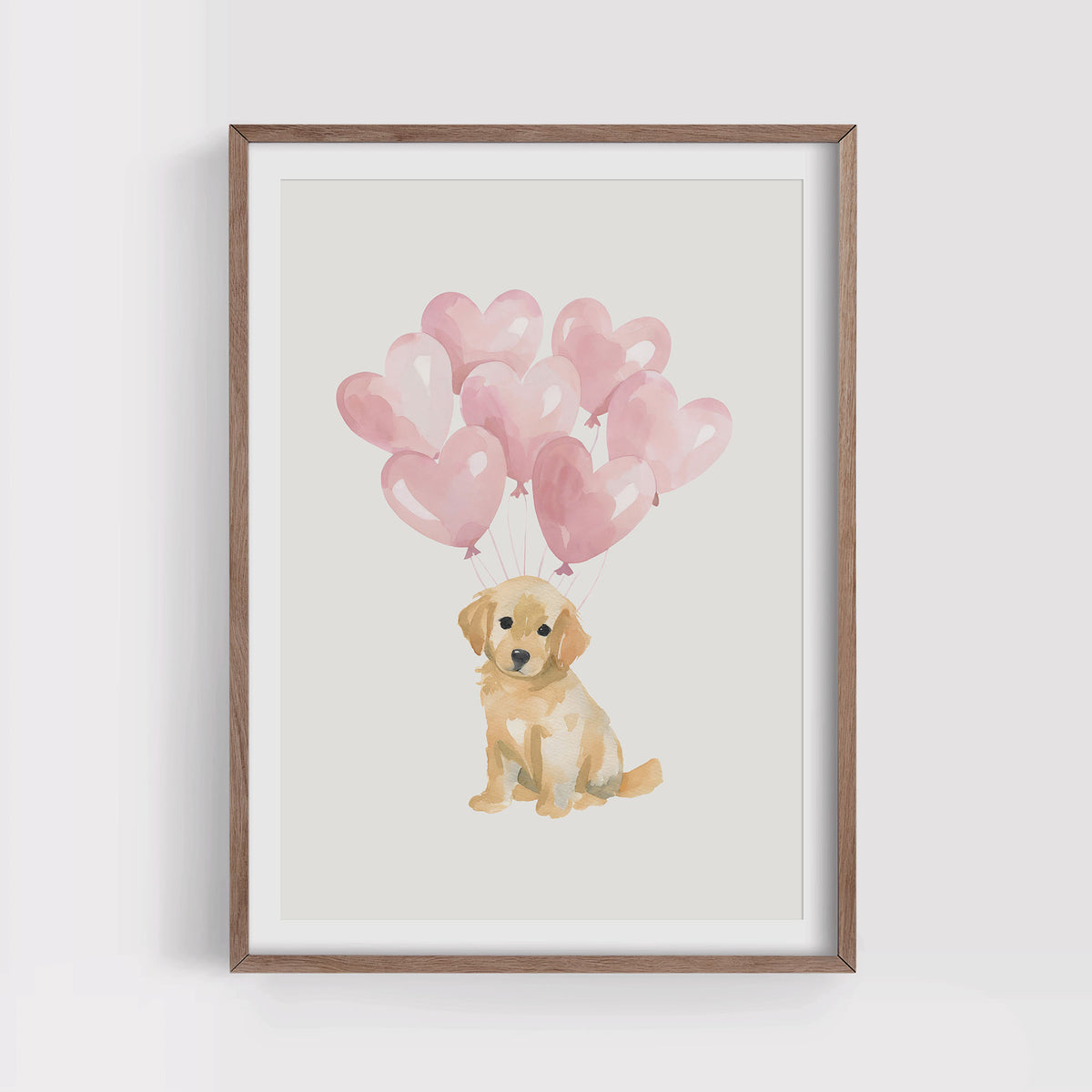 Golden Retriever with Pink Heart Balloons Print