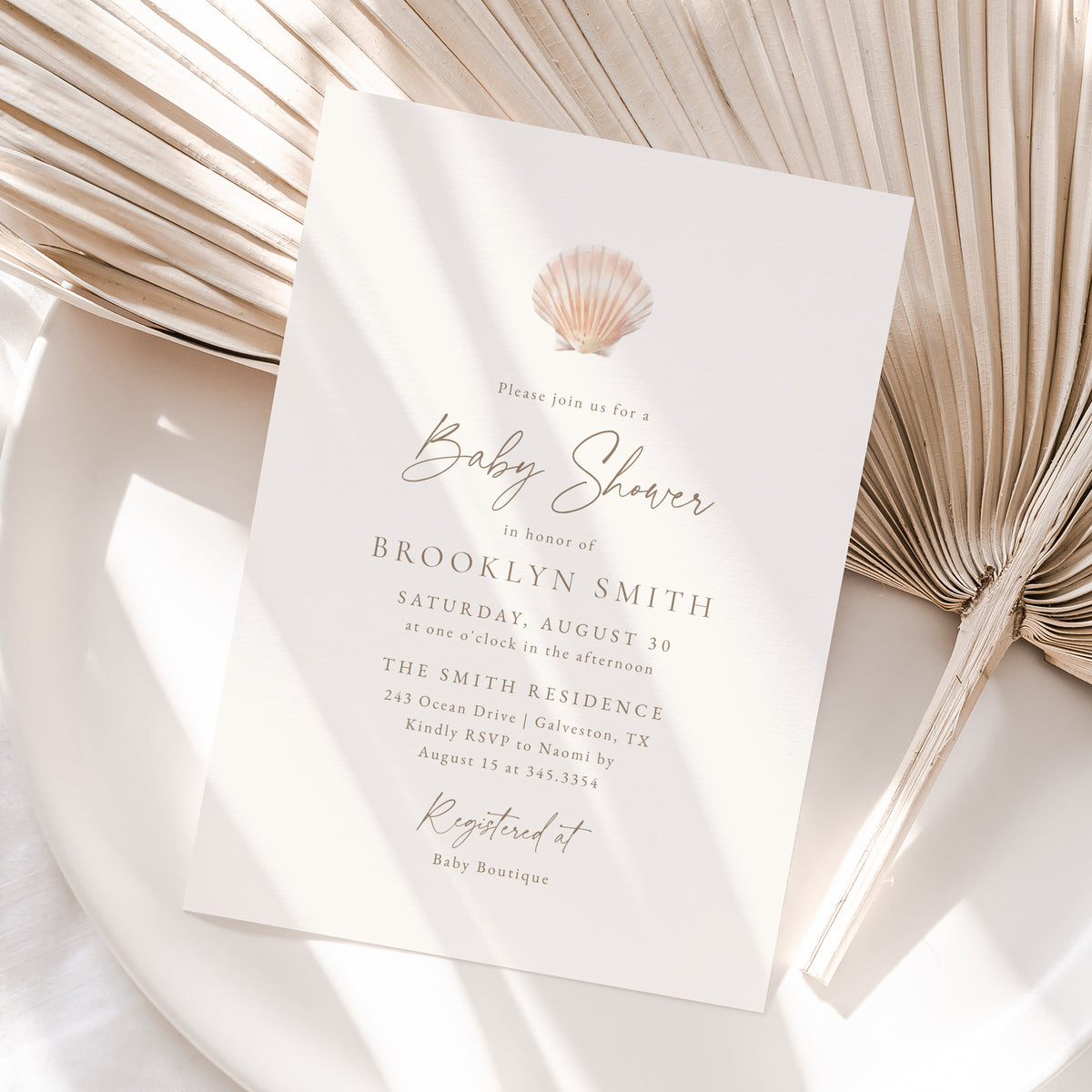 Minimalist Sea Shell Baby Shower Invitation