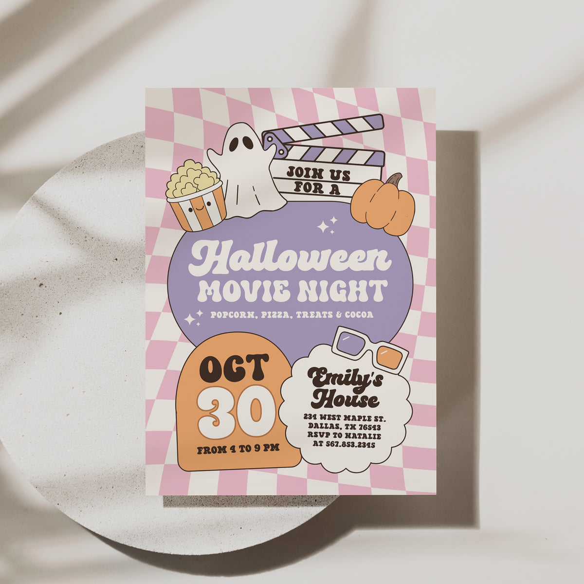 Pink Retro Checker Halloween Movie Night Invitation