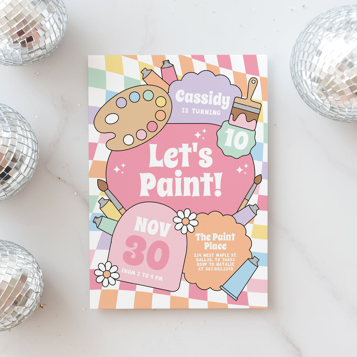 Groovy Pastel Rainbow Checker Art Birthday Invitation