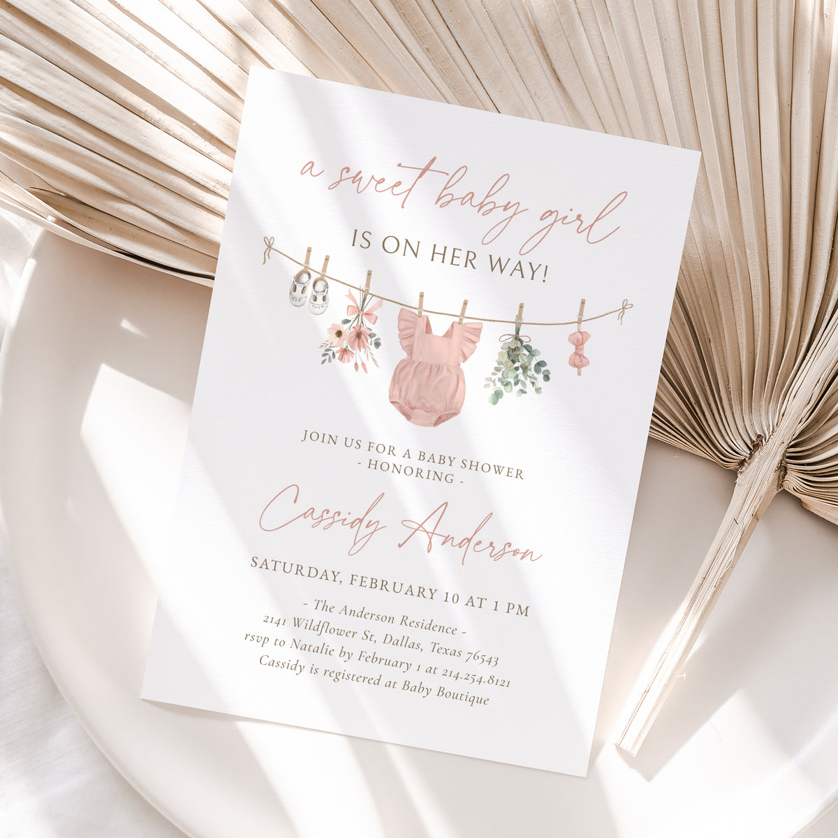 Pink Wildflower Clothesline Baby Shower Invitation