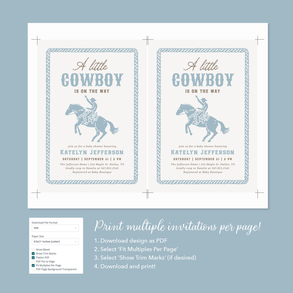 Blue Cowboy Baby Shower Invitation