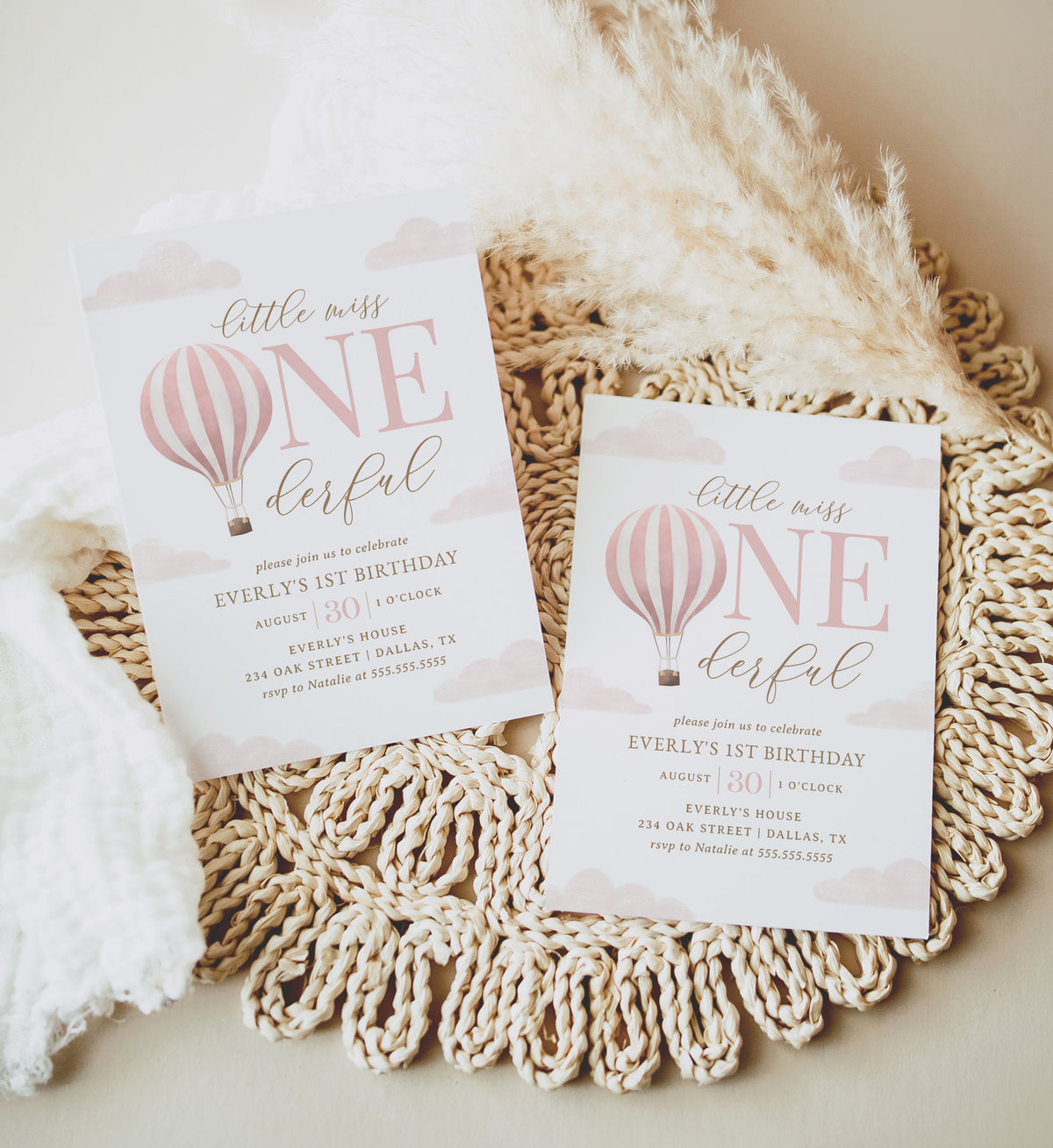 Editable Little Miss Onederful Hot Air Balloon Birthday Invitation