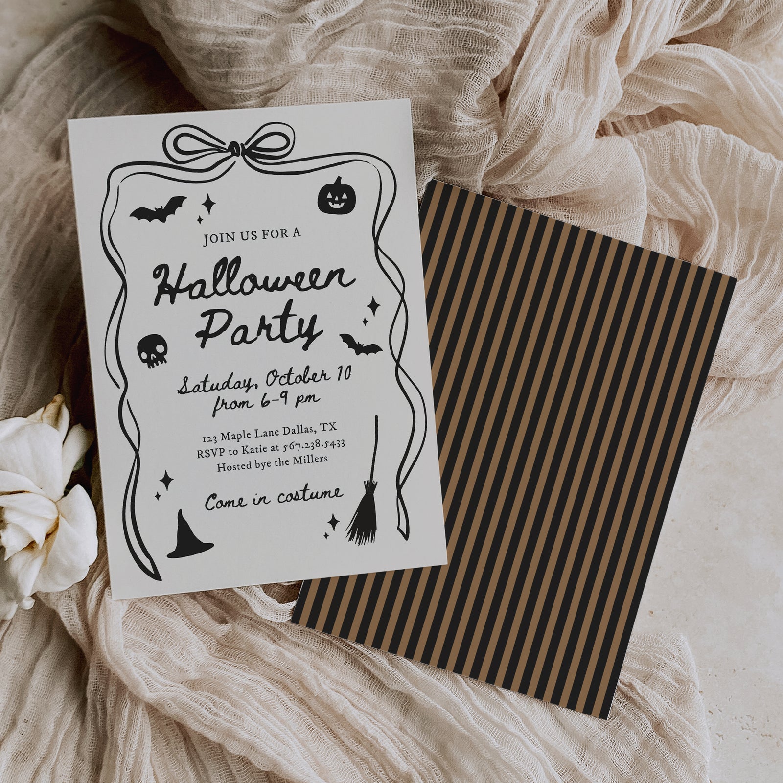 Black Bow Hand Drawn Halloween Party Invitation