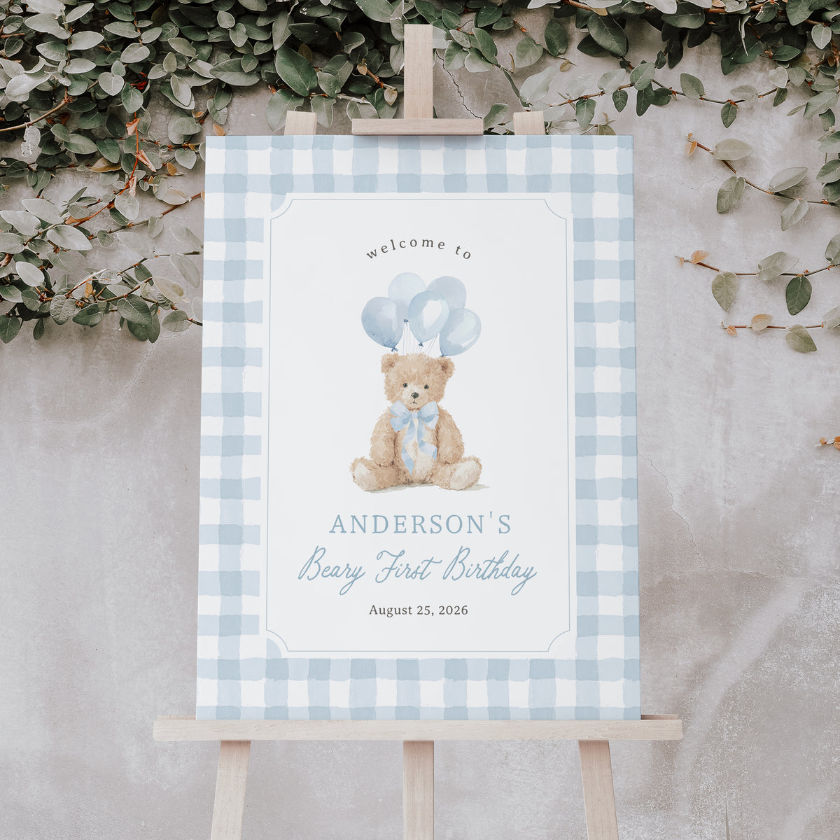 Blue Gingham Teddy Bear Birthday Welcome Sign